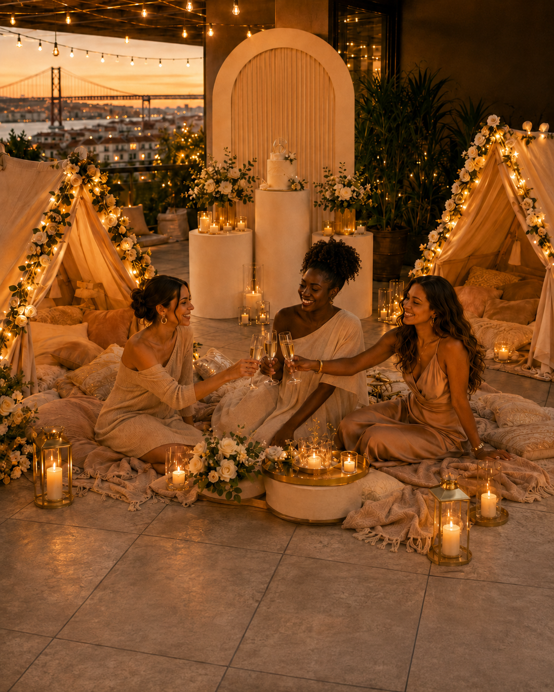 Glamping elegante com tendas tipi e decoração para eventos de adultos