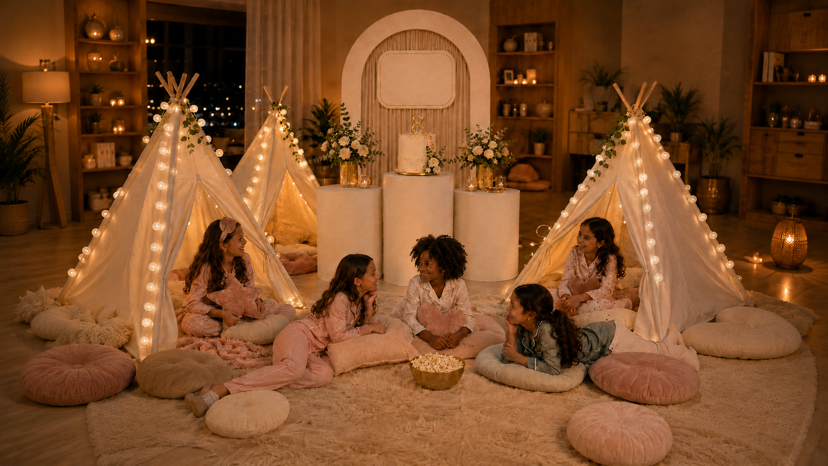 Pijamada infantil com tendas tipi iluminadas, cilindros decorativos e bolo de aniversário